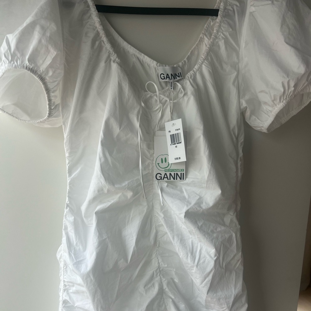 Ganni White Ruched Poplin Mini Dress
